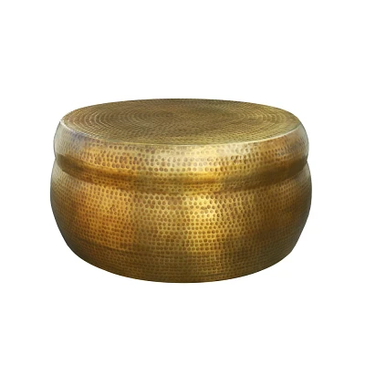 The Urban Port 32 Artisanal Round Drum Coffee Table Hammered Embossed Texturing Aluminum Antique Brass