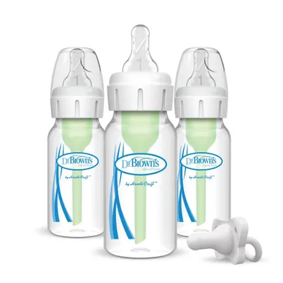 Dr. Browns 4oz Anti-Colic Options+ Narrow Baby Bottle with Level 1 Slow Flow Nipple & HappyPaci Pacifier - 0m+