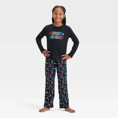 Girl 2pc Chritma Plaid Merry & Bright Long Sleeve Pajama Set