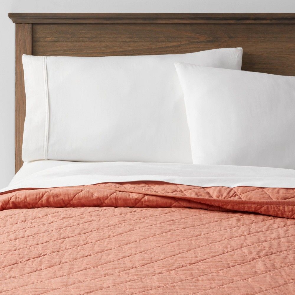 Full/Queen Diamond Stitch Cotton Linen Quilt Terracotta - Threshold: OEKO-TEX Certified, Midweight Coverlet