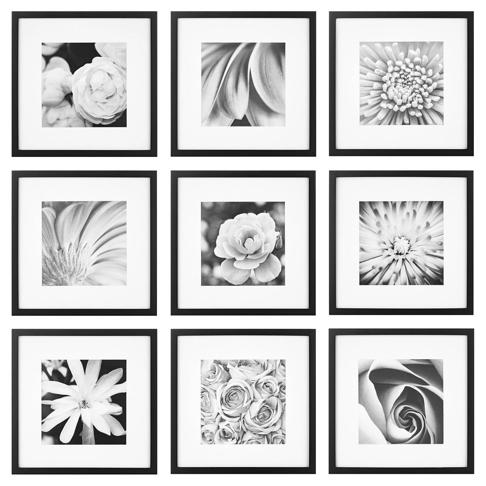 Gallery Perfect (Set of 9)  Square Photo Frame Gallery Wall Kit with Decorative Art Prints and Hanging Template