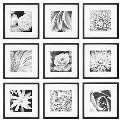 Gallery Perfect (Set of 9)  Square Photo Frame Gallery Wall Kit with Decorative Art Prints and Hanging Template