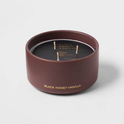 15oz Ceramic Jar 3-Wick Candle: Soy Wax Blend, Coconut Oil, Threshold Black Honey Vanilla