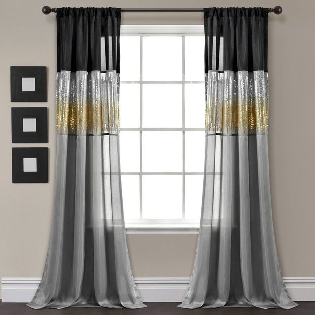 84x42 Night Sky Light Filtering Window Curtain Panel Gold/Black - Lush Dcor: Modern Stripe Rod Pocket Panel