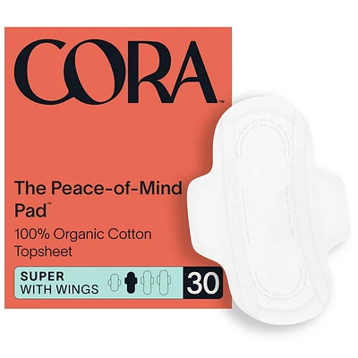 Cora Organic Cotton Ultra Thin Fragrance Free Pads with Wings for Periods - Super Absorbency - 30ct