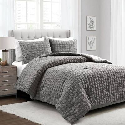 3pc King Crinkle Textured Dobby Comforter & Sham Set Dark Gray - Lush Dcor: Microfiber, Machine Washable