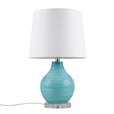 Hampton Hill 14x23.5 Maelle Blue Aqua Swirl Blown Glass Table Lamp: Acrylic Base, White Drum Shade