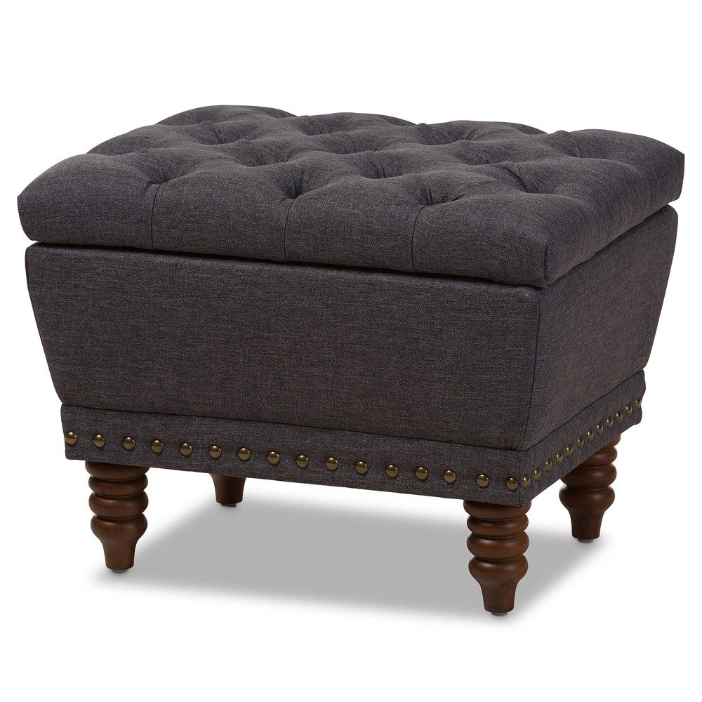 Baxton Studio Annabelle Modern and Contemporary Light Grey Fabric Upholstered Walnut Wood Finished Button-Tufted Storage Ottoman