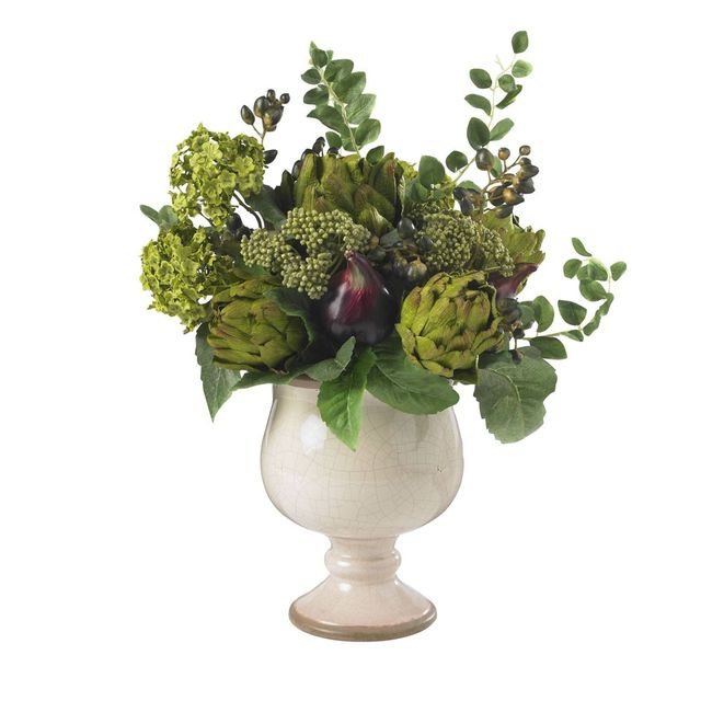 Nearly Natural 15 x 17 Artificial Artichoke and Hydrangea Flower Plant Arrangement in Planter: Indoor Faux Plant Decor, Spring Display