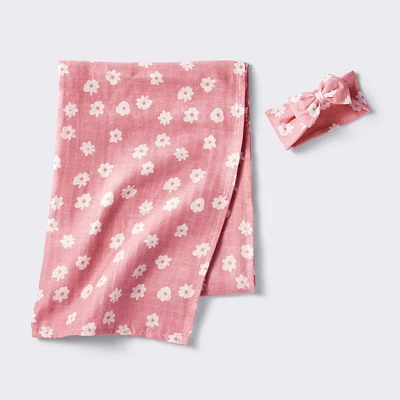 Hospital Muslin Swaddle and Headwrap Gift Set - Pink - Cloud Island