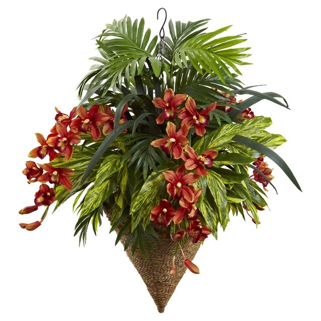 Nearly Natural Mixed Tropical & Cymbidium Hanging Basket Red: Indoor/Outdoor Faux Orchid, Ceiling Hanging Decor