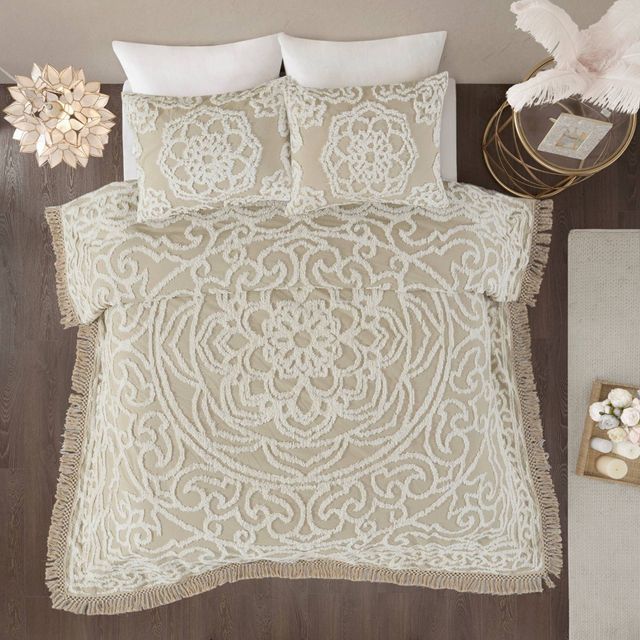 King/California King 3pc Cecily Tufted Cotton Coverlet Set Taupe: Madison Park, Medallion Chenille Bedspread