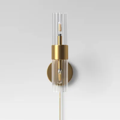 Ribbed Glass Sconce Lamp Brass - Threshold: Gold-Plated Metal, Clear Cylinder Shade, Dimmable