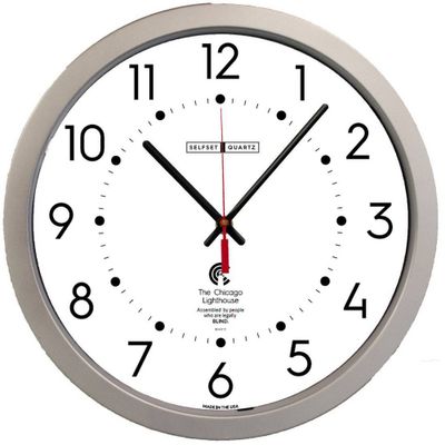 The Chicago Lighthouse 14.5 Daylight Savings Self-Set Wall Clock Silver : Modern Analog, Indoor Use