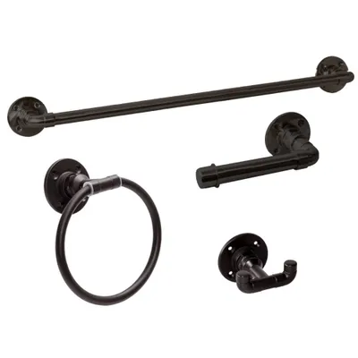 4pc Kimball Bathroom Accessory Kit Satin Black - Design House: Zinc Hardware Set with Towel Ring & Robe Hook