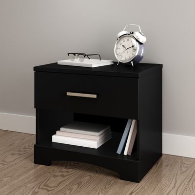 Gramercy 1 Drawer Nightstand Pure Black - South Shore: Modern Bedside Table with Metal Handle, Open Shelf