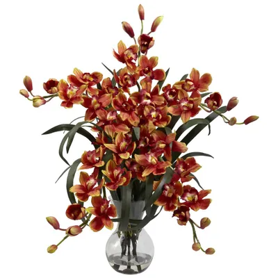 34 x 30 Artificial Cymbidium Orchid Arrangement in Glass Vase Red - Nearly Natural: Faux Floral Decor