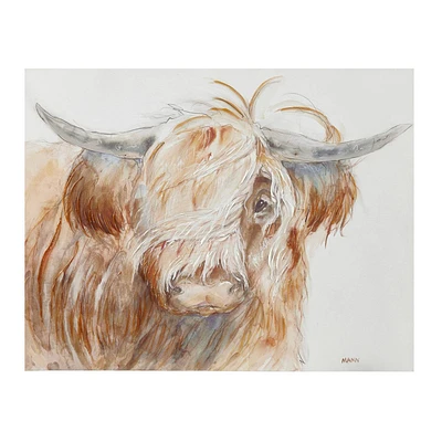 Ink+Ivy 26x20 Windswept Hand Embellished Highland Bull Canvas Wall Art: Farmhouse Style, Animal Subject, Unframed