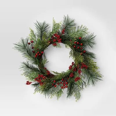 22 Mixed Pine with Red Berries Artificial Christmas Wreath - Wondershop: Indoor/Outdoor Use