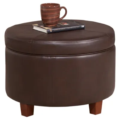 Large Round Storage Ottoman  Brown - HomePop: Faux Leather, Lift-Off Lid