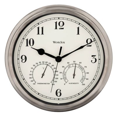 12 Indoor/Outdoor Wall Clock with Weather Resistant Temperature/Humidity Dials - Westclox: Nickel Finish, Quartz Movement