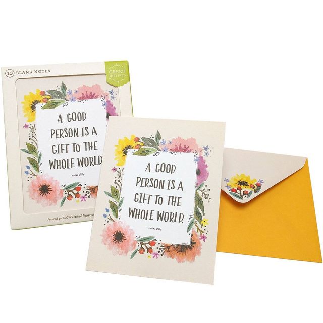 10ct Flower Frame Blank Notes Thank You Cards: Green Inspired Stationery Pack with Envelopes, Botanical & Typography Design