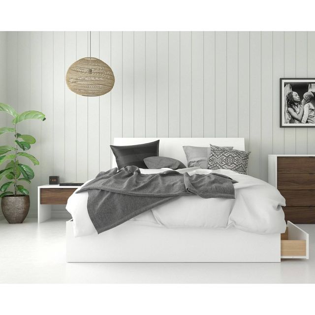 Queen 3pc Sahara Platform Bed Bundle White/Walnut - Nexera: Storage Headboard, Modern Nightstand