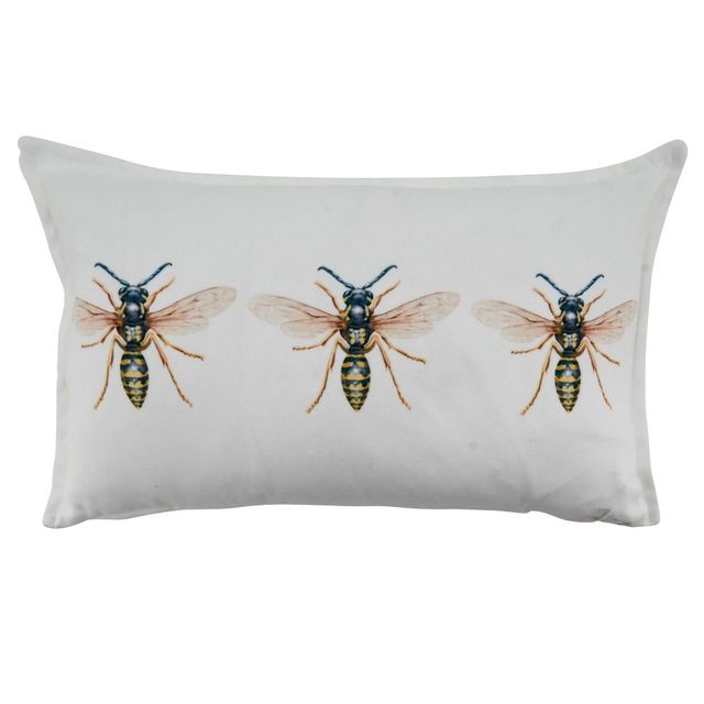 12x20 Bees Poly Filled Throw Pillow White - SARO: Modern Indoor Rectangle Cushion for Couch