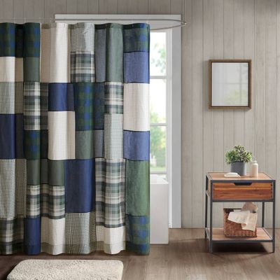 72x72 Mill Creek Pieced Cotton Shower Curtain Green - Woolrich: Percale Fabric, Buttonhole Top, Easy Care