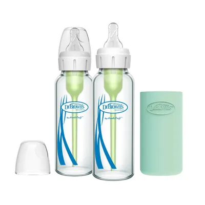 Dr. Browns 8oz Anti-Colic Options+ Narrow Glass Baby Bottle with Level 1 Slow Flow Nipple & Silicone Sleeve - 2pk