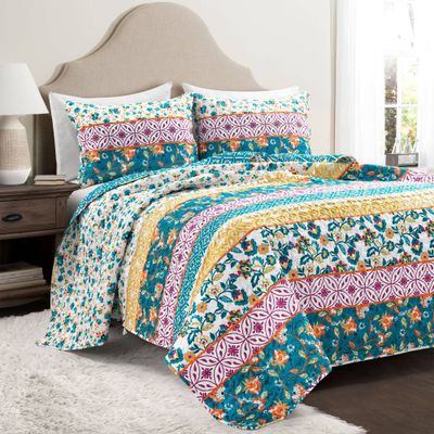 Emily Boho Stripe Reversible Quilt & Sham Set Turquoise - Lush Dcor: Microfiber