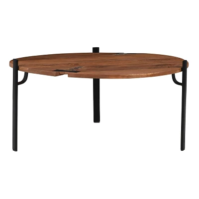 The Urban Port 31 Handcrafted Round Live Edge Mango Wood Coffee Table with Cracks and Stitches Black Iron Legs Brown/Black