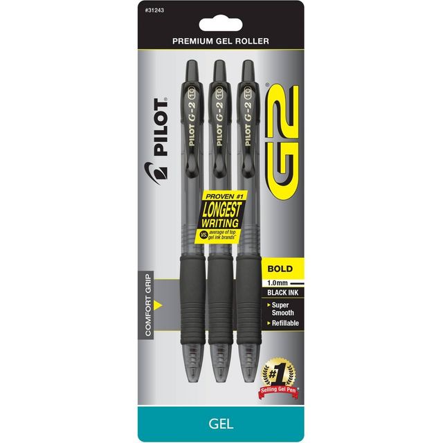 Pilot 3ct G2 Gel Pens Bold Point 1.0mm Black Ink: Retractable, Rubber Grip, Office Stationery, Art Supplies