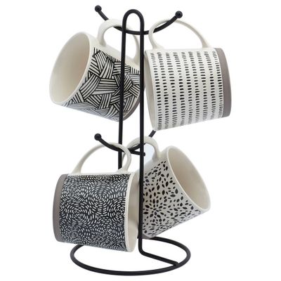 5pc Stoneware Mugs and Wire Rack Set Black/White - Tabletops Gallery: Coffee Mugs, Stacking Glassware Set, Dishwasher Safe