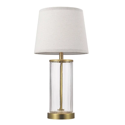 Globe Electric 20 Fillable Ribbed Glass Table Lamp with Matte Brass Accents and Beige Linen Shade