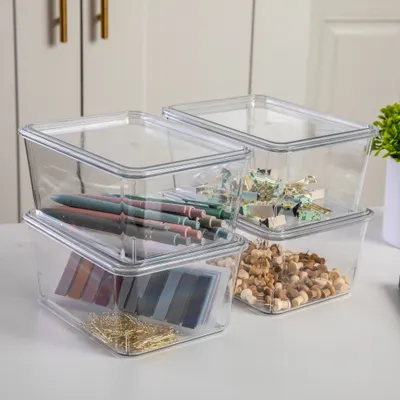 Martha Stewart 4pc 6.75 x 5 Plastic Stackable Storage Box with Lids Clear: Desk Organizer & Office Supplies Set