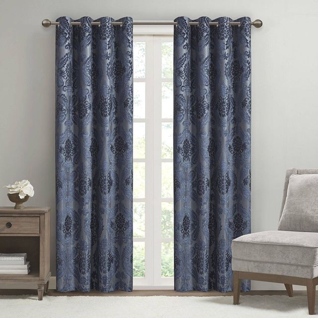 84x50 Enid Jacquard Paisley Blackout Curtain Panel Navy Blue: SunSmart, Energy Efficient, Noise Reduction, Grommet Top