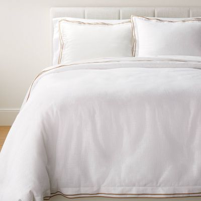 Full/Queen Double Flange Merrow Stitch Duvet Cover & Sham Set White/Camel - Threshold designed with Studio McGee: Cotton