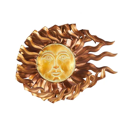 Olivia & May 24x30 Metal Sun Wall Decor with Gold Sun Face and Folded Wavy Rays Copper: Iron Artwork, Modern Style, Horizontal Display