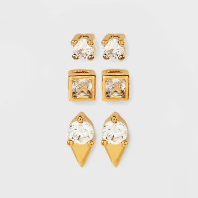 14K Gold Plated Cubic Zirconia Trio Stud Earring Set 3pc - A New Day Gold