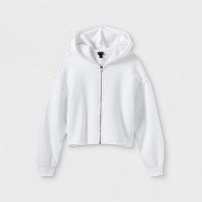 Girl Boxy Cropped Zip-Up Hoodie Sweathirt - art cla White XXL