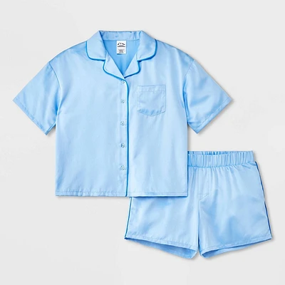 Girls 2pc Satin Short Sleeve Button Up Pajama Set