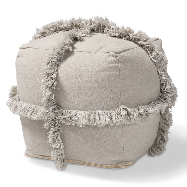 Alfro Handwoven Cotton Fringe Pouf Ottoman  - Baxton Studio: Round, Upholstered, No Assembly, 250lb Capacity