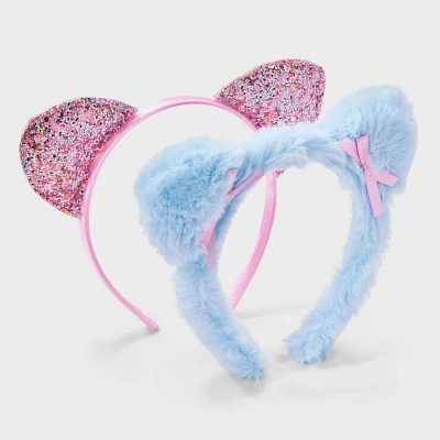 Girls 2pk Glitter and Faux Fur Cat Ear Headband - Cat & Jack Pink/Blue