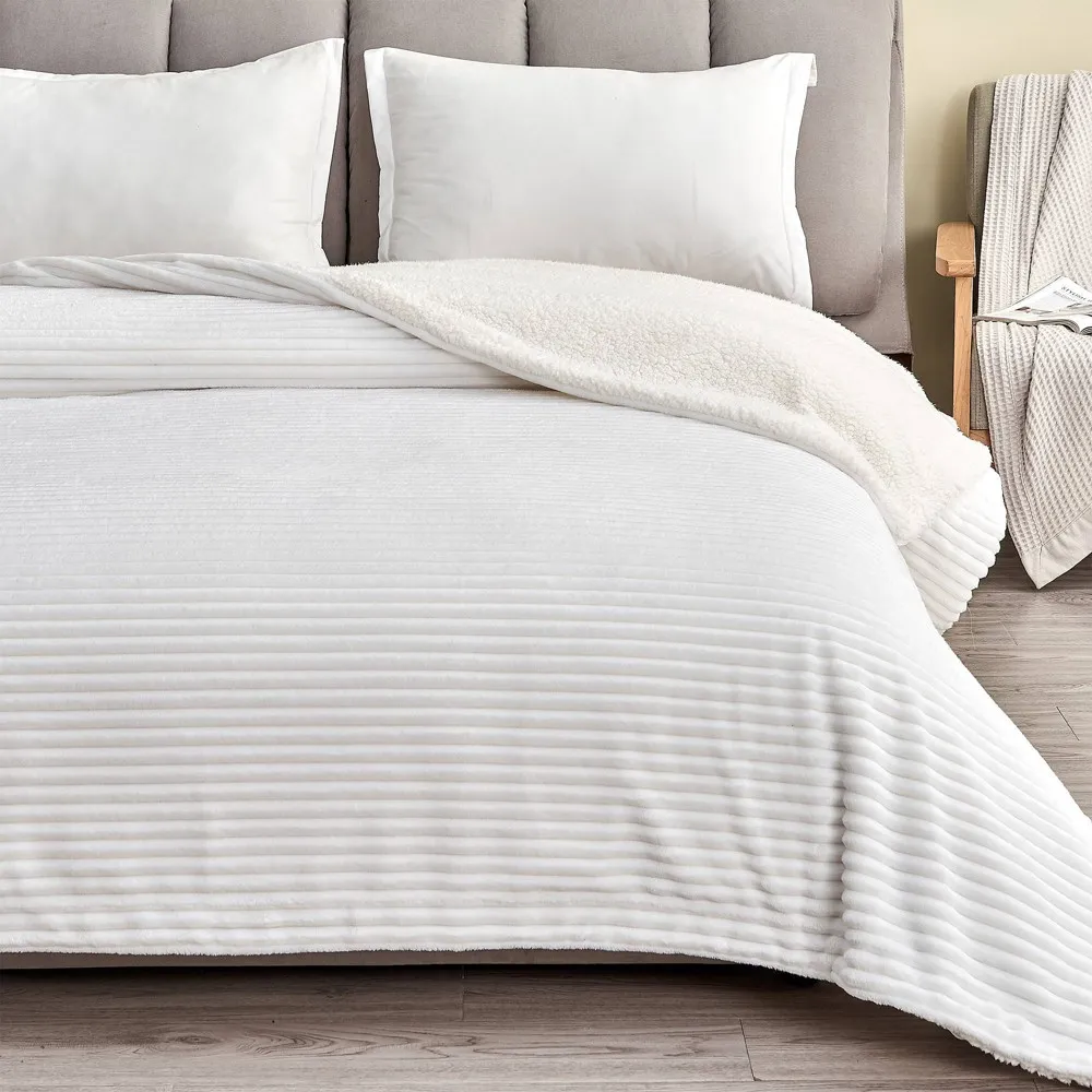 Full/Queen Cozy Corduroy Plush with Shearling Reverse Bed Blanket White - Isla Jade