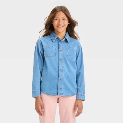 Girls Long Sleeve Button-Down Denim Shirt