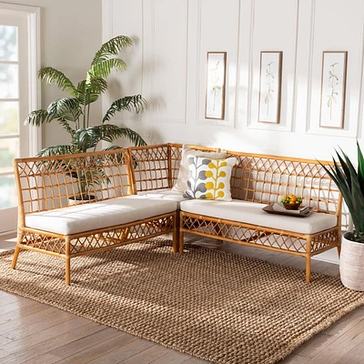 bali & pari 3pc Capella Rattan Dining Nook Banquette Set White/Light Honey: Handcrafted, Foam Cushioned, No Assembly