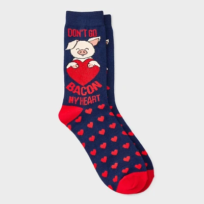 Women Pig Dont Go Bacon My Heart Valentine Day Crew Sock - Navy/Red 4-10