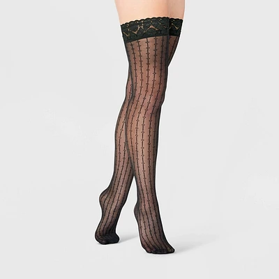 Womens Vertical Pattern Sheer Thigh Highs with Lace Trim