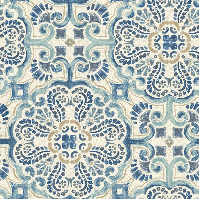 NuWallpaper Florentine Tile Peel & Stick Wallpaper Blue: Self-Adhesive Vinyl, Damask Medallion, Washable, 4.5 Sq Ft Coverage